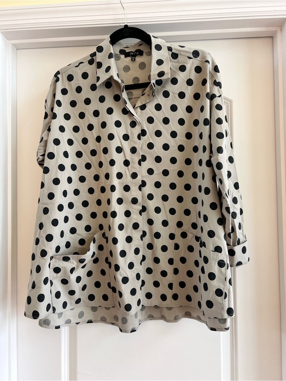 Comfy USA Tokyo Button Down Tunic Top Size Small Gray Polka Dot Lagenlook Artsy
